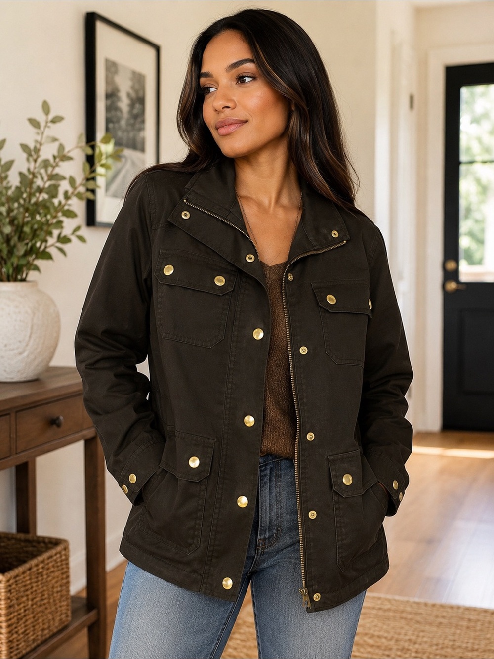 J. Crew Dark Olive Utility Jacket with Brass Buttons